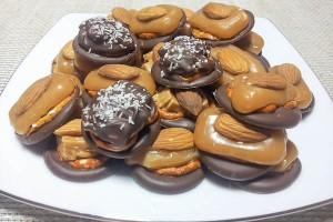 Chocolate turtles with caramel and pretzels