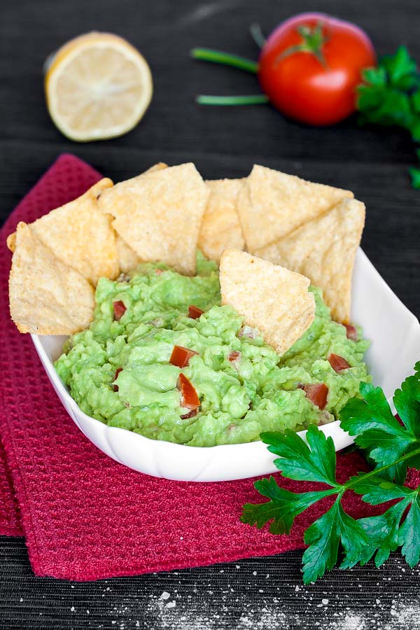 Home-made guacamole with tortilla chips