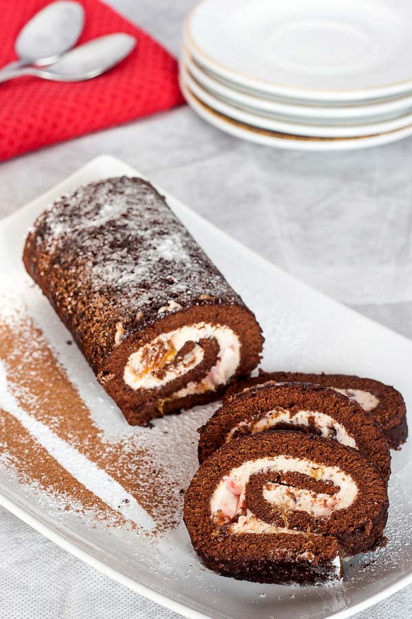 Amazing chocolate roulade with cream cheese and prune jam